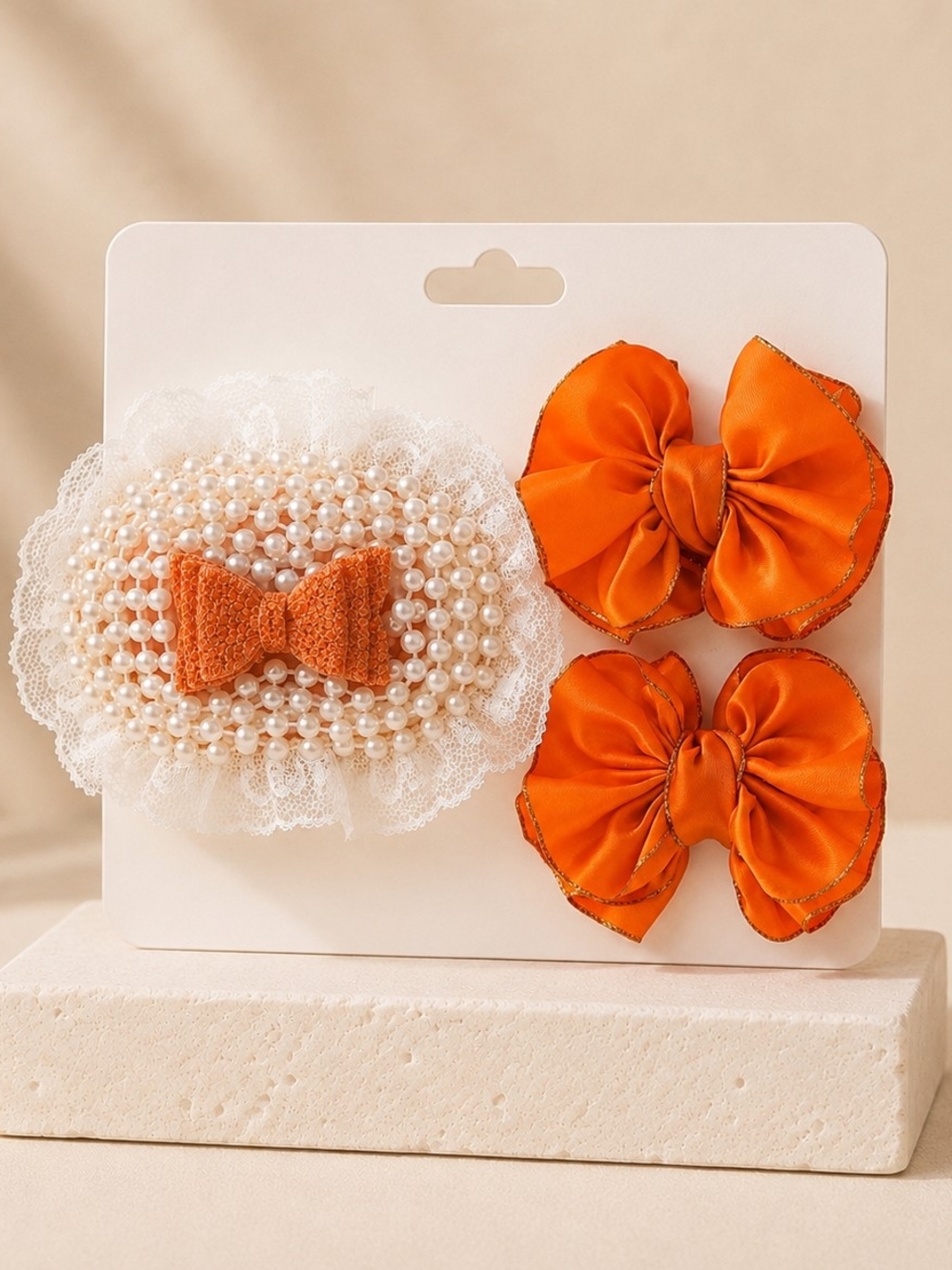 Orange Pearl & Lace Kids Hair Clip Set with Satin Bows